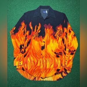 Wrangler Flame Print Western Shirt L Pearl Snap Vintage Bull 90s Cowboy Shirt